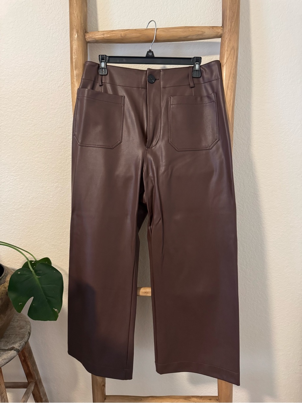 Faux Leather Wide-Leg Jeans in Dark Brown